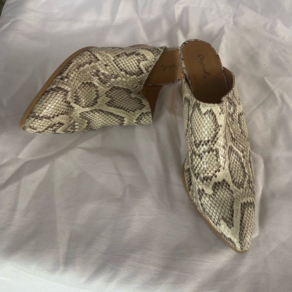 Qupid snakeskin mules. Size 10